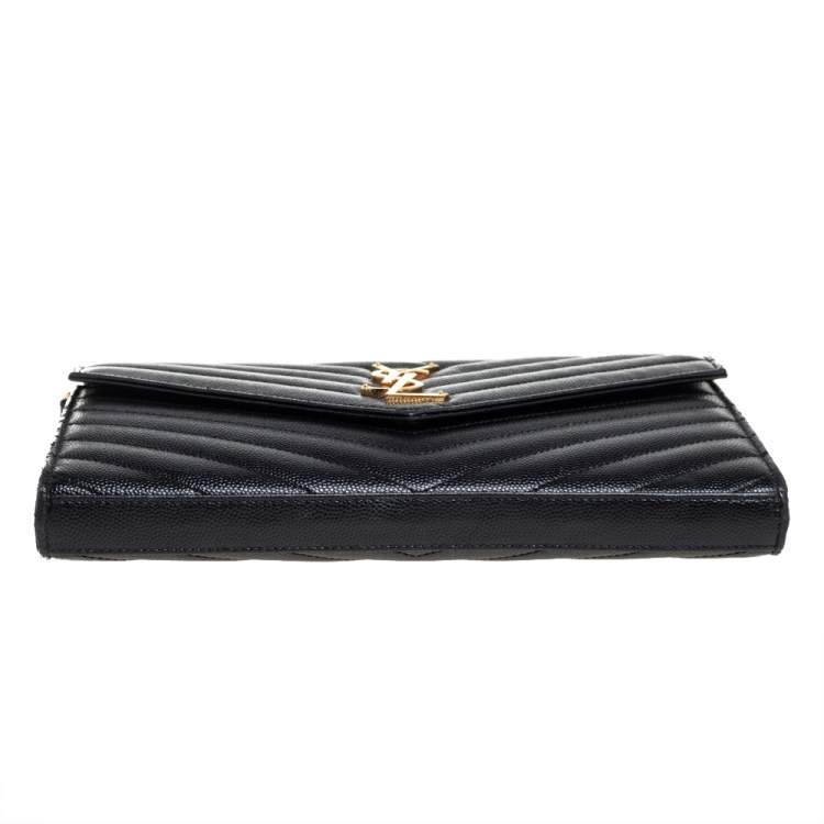 Pre Owned Saint Laurent Black Matelasse Leather Monogram Envelope Wallet on Chain