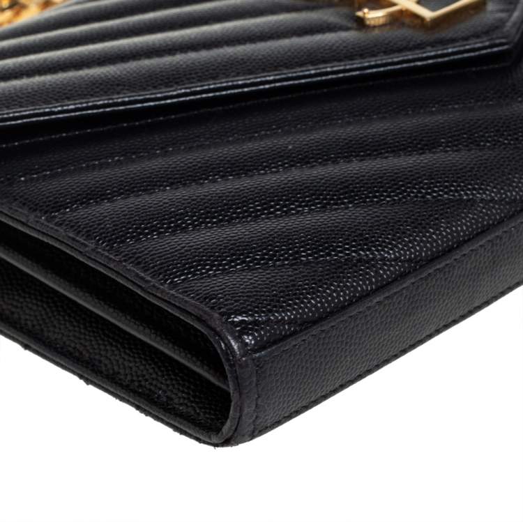 Pre Owned Saint Laurent Black Matelasse Leather Monogram Envelope Wallet on Chain