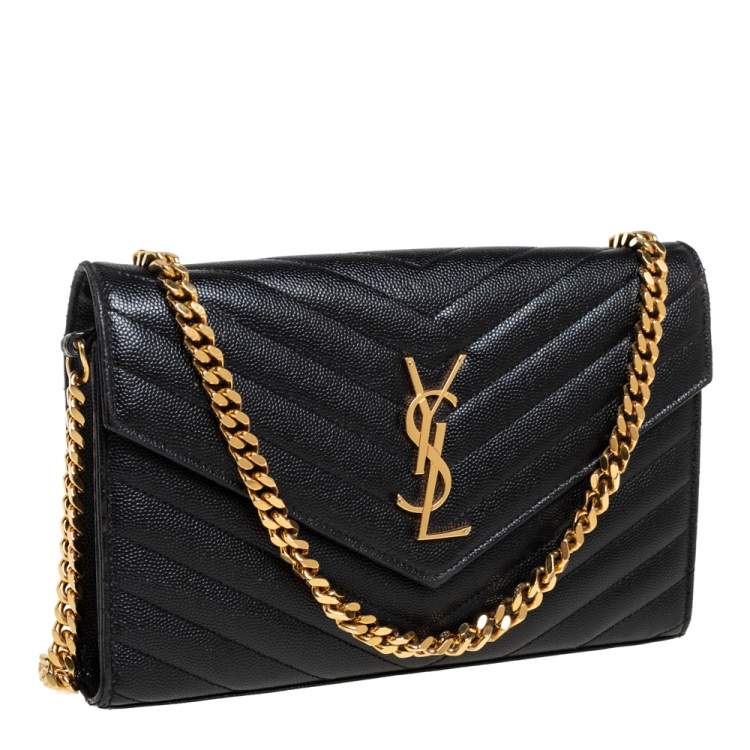 Pre Owned Saint Laurent Black Matelasse Leather Monogram Envelope Wallet on Chain