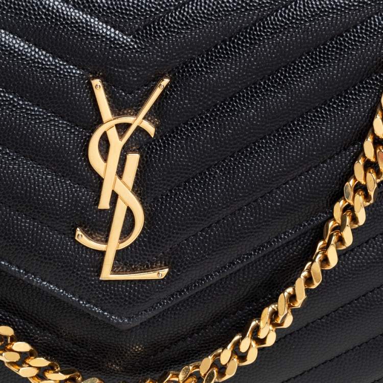 Pre Owned Saint Laurent Black Matelasse Leather Monogram Envelope Wallet on Chain