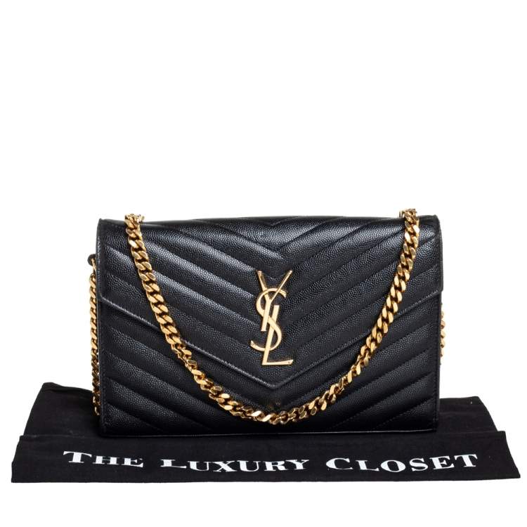Pre Owned Saint Laurent Black Matelasse Leather Monogram Envelope Wallet on Chain