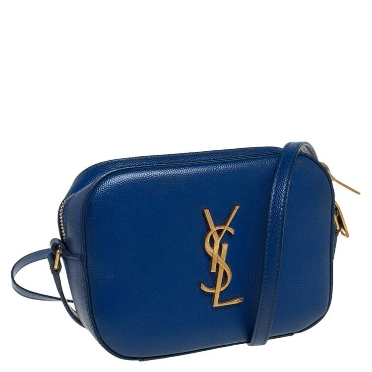 Pre Owned Saint Laurent Blue Grained Leather Mini Monogram Camera Bag