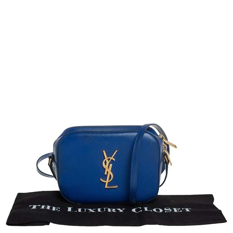 Pre Owned Saint Laurent Blue Grained Leather Mini Monogram Camera Bag