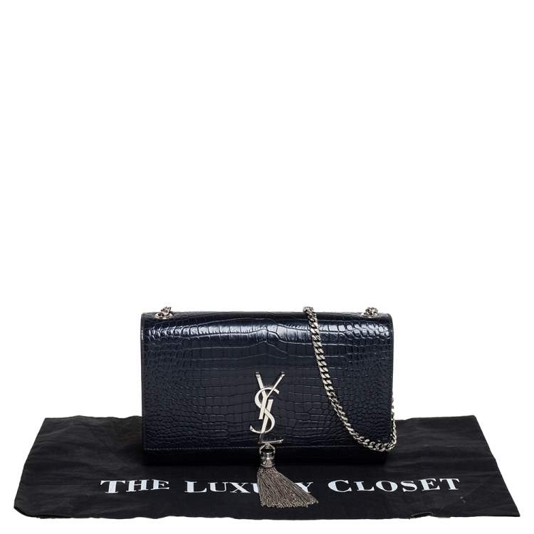 Pre Owned Saint Laurent Midnight Blue Croc Embossed Leather Medium Kate Tassel Shoulder Bag