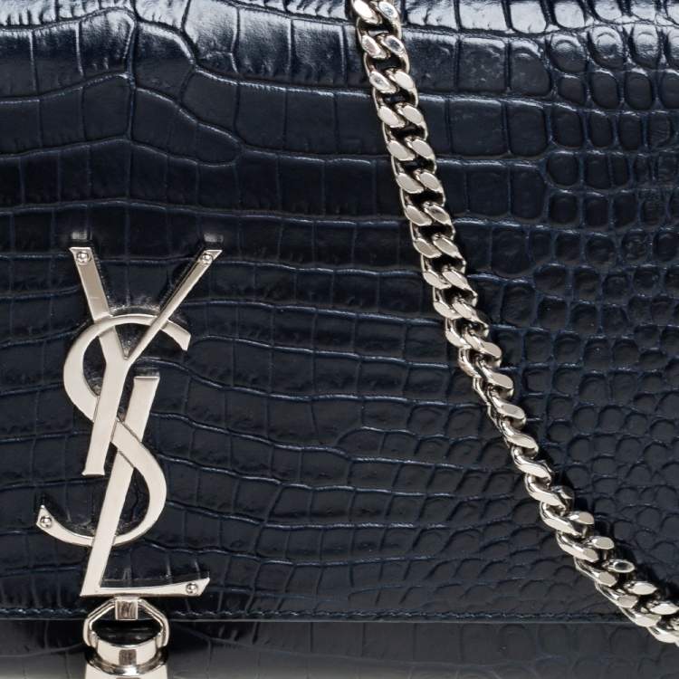 Pre Owned Saint Laurent Midnight Blue Croc Embossed Leather Medium Kate Tassel Shoulder Bag