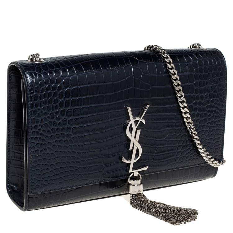 Pre Owned Saint Laurent Midnight Blue Croc Embossed Leather Medium Kate Tassel Shoulder Bag