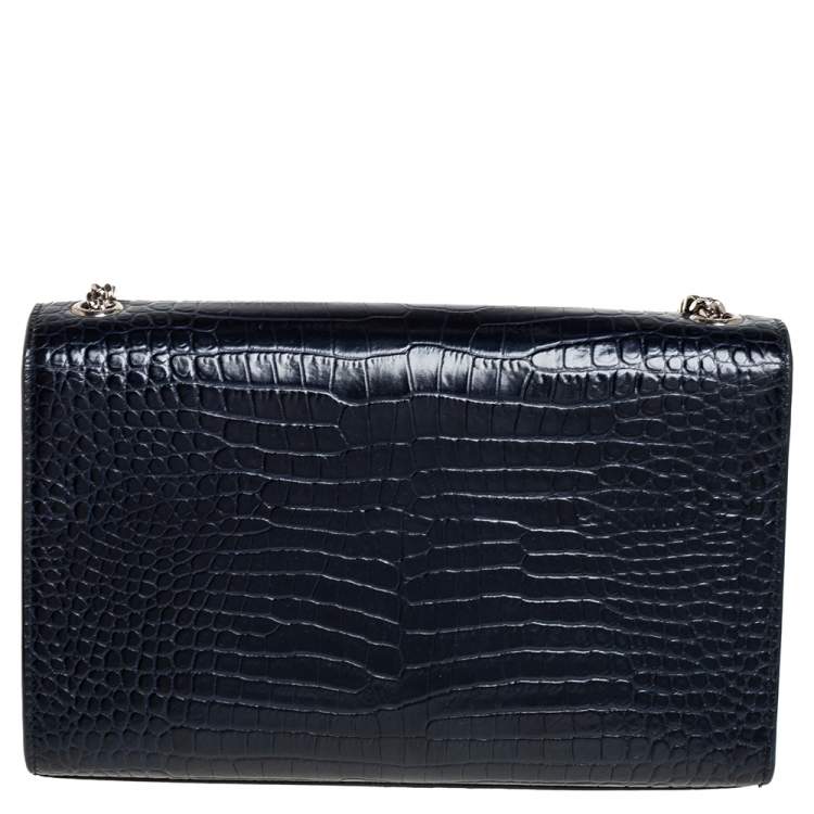 Pre Owned Saint Laurent Midnight Blue Croc Embossed Leather Medium Kate Tassel Shoulder Bag