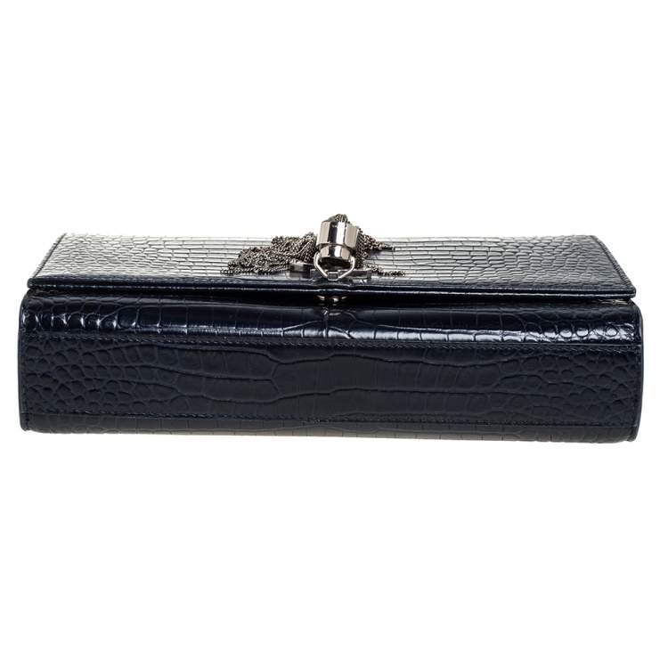 Pre Owned Saint Laurent Midnight Blue Croc Embossed Leather Medium Kate Tassel Shoulder Bag