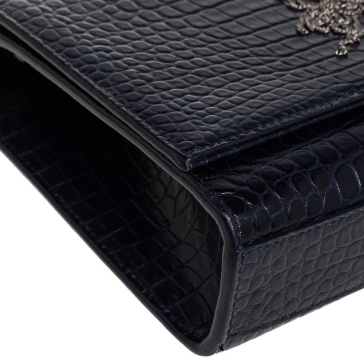 Pre Owned Saint Laurent Midnight Blue Croc Embossed Leather Medium Kate Tassel Shoulder Bag