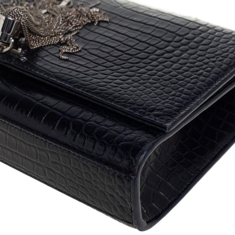 Pre Owned Saint Laurent Midnight Blue Croc Embossed Leather Medium Kate Tassel Shoulder Bag