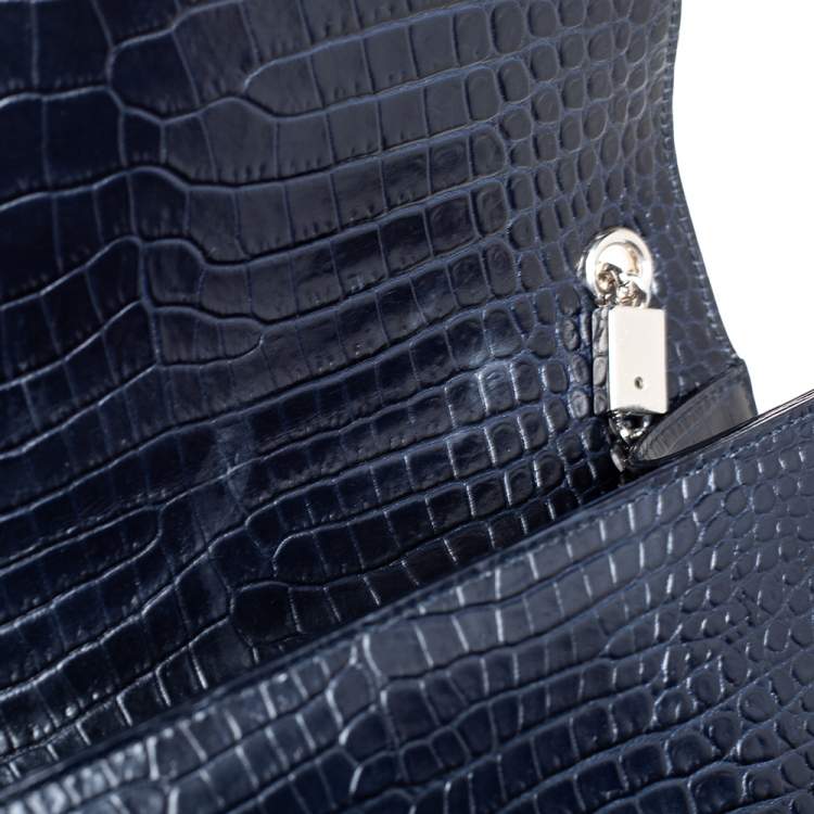 Pre Owned Saint Laurent Midnight Blue Croc Embossed Leather Medium Kate Tassel Shoulder Bag
