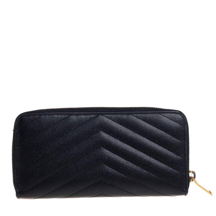 مملوكة مسبقًا Saint Laurent Black Matelassé Leather Monogram Zip Around Wallet