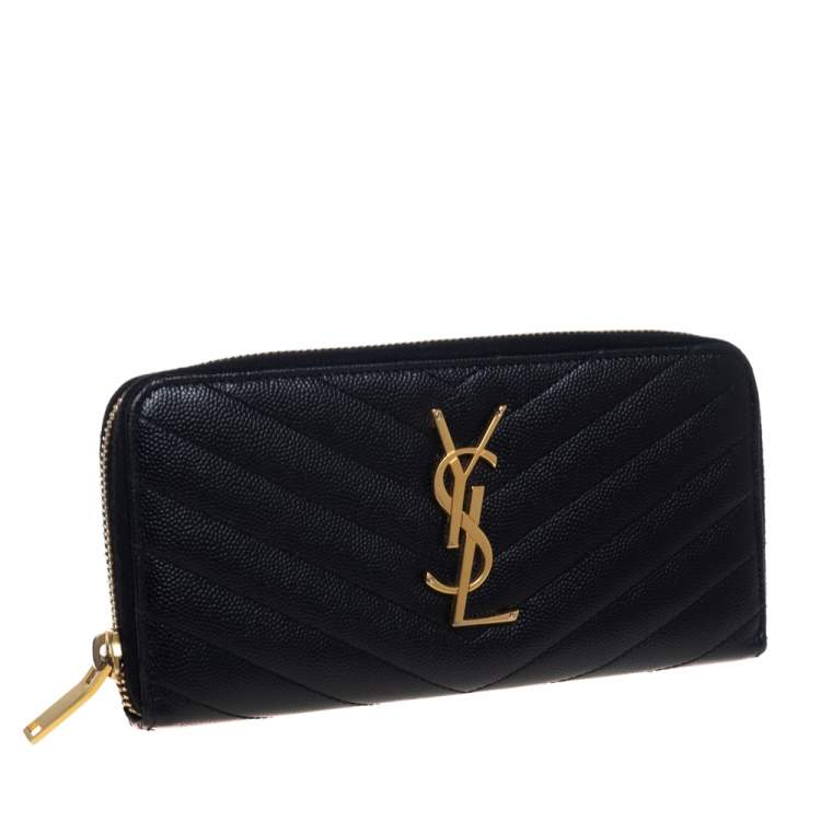 مملوكة مسبقًا Saint Laurent Black Matelassé Leather Monogram Zip Around Wallet