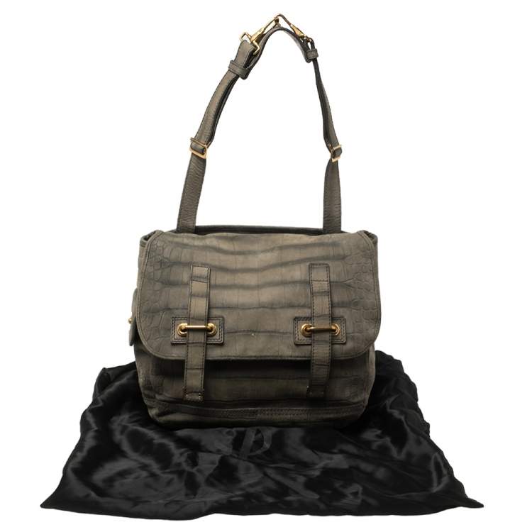 Pre Owned Yves Saint Laurent Green Croc Embossed Suede Besace Shoulder Bag