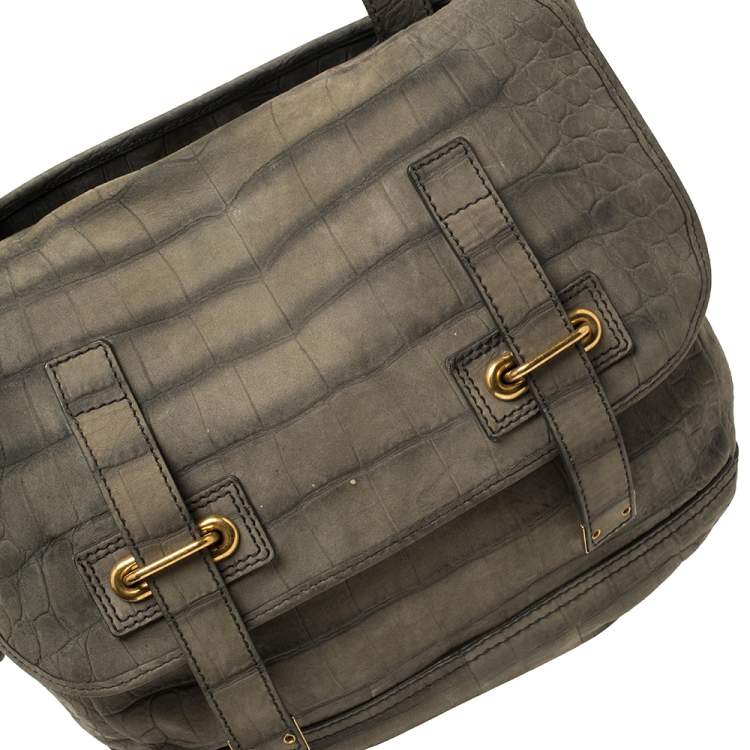 Pre Owned Yves Saint Laurent Green Croc Embossed Suede Besace Shoulder Bag