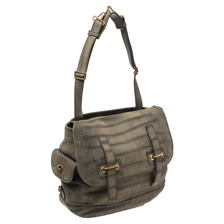 Pre Owned Yves Saint Laurent Green Croc Embossed Suede Besace Shoulder Bag