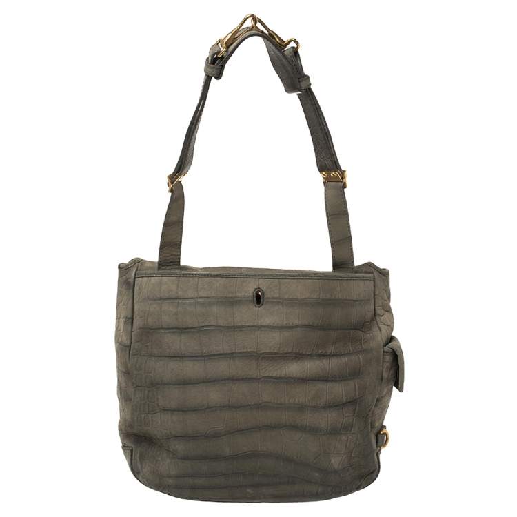Pre Owned Yves Saint Laurent Green Croc Embossed Suede Besace Shoulder Bag