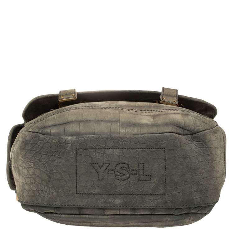 Pre Owned Yves Saint Laurent Green Croc Embossed Suede Besace Shoulder Bag