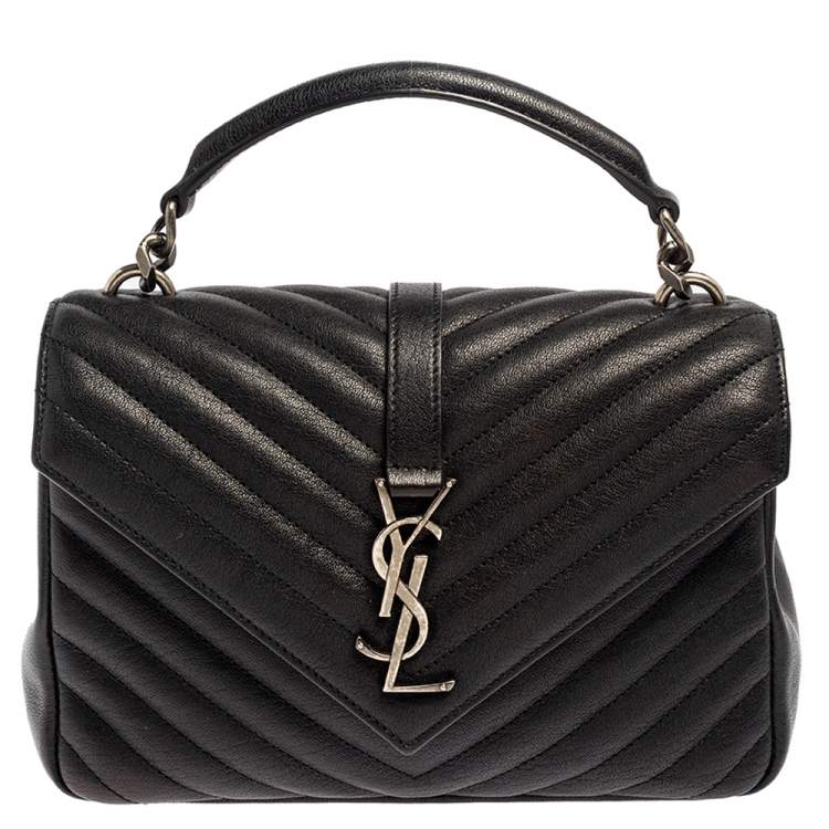 Pre Owned Saint Laurent Black Chevron Quilted Leather Medium College Top Handle Bag