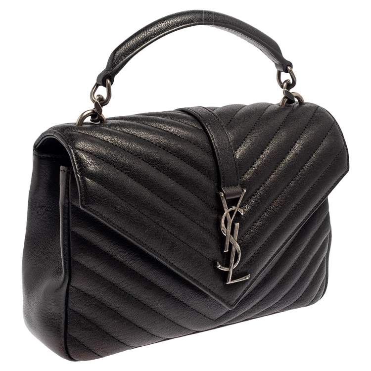 Pre Owned Saint Laurent Black Chevron Quilted Leather Medium College Top Handle Bag