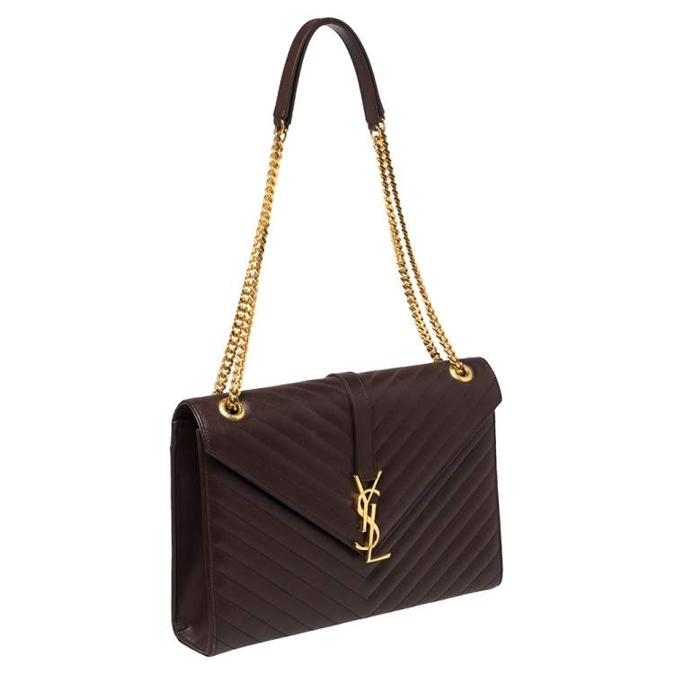 Pre Owned Saint Laurent Burgundy Chevron Quilted Leather Monogram Envelope Shoulder Bag