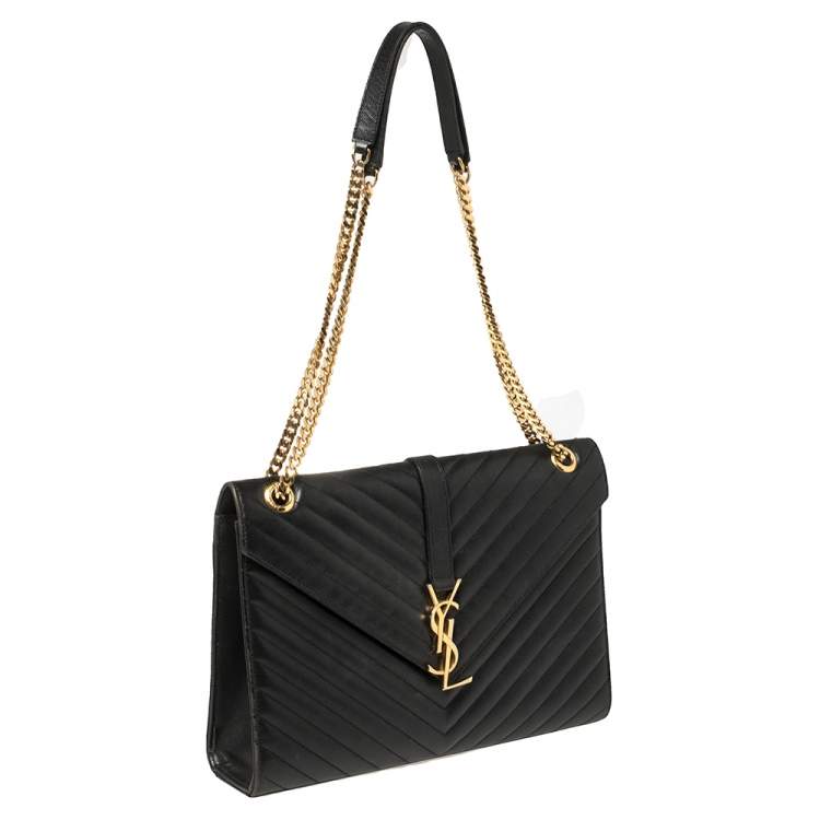 Pre Owned Saint Laurent Black Chevron Quilted Leather Monogram Envelope Shoulder Bag