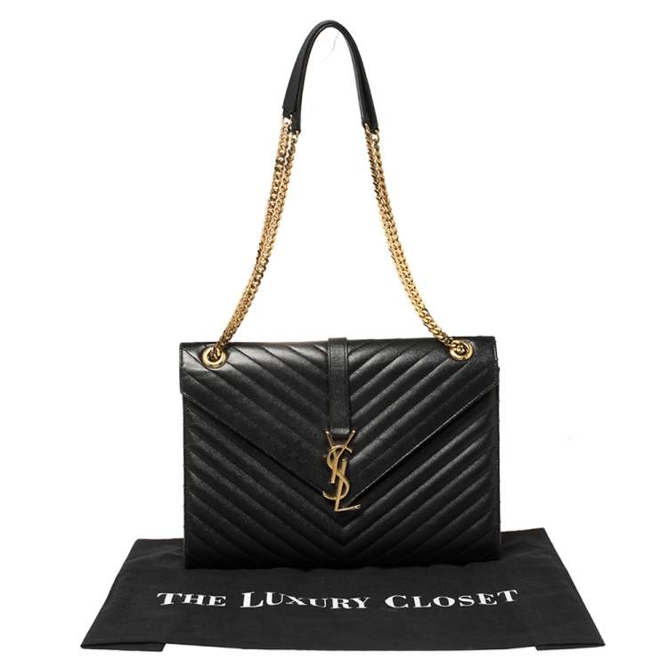 Pre Owned Saint Laurent Black Chevron Quilted Leather Monogram Envelope Shoulder Bag