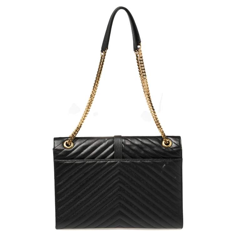 Pre Owned Saint Laurent Black Chevron Quilted Leather Monogram Envelope Shoulder Bag