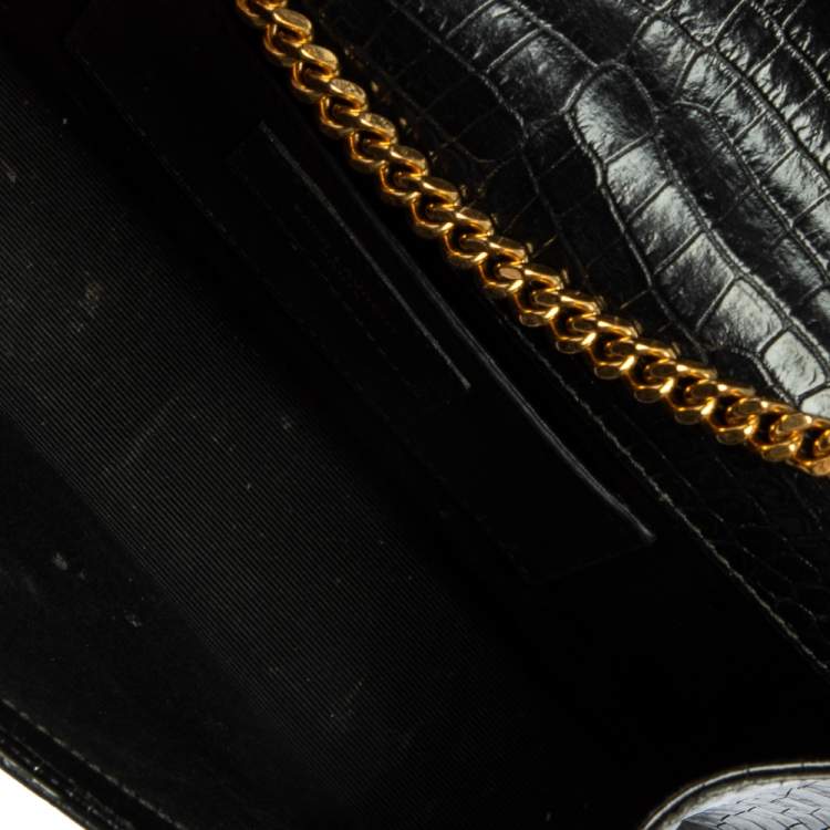 Pre Owned Saint Laurent Black Croc Embossed Leather Medium Kate Tassel Shoulder Bag