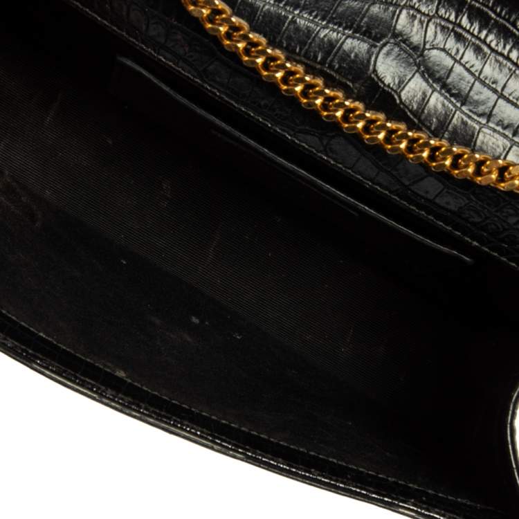Pre Owned Saint Laurent Black Croc Embossed Leather Medium Kate Tassel Shoulder Bag