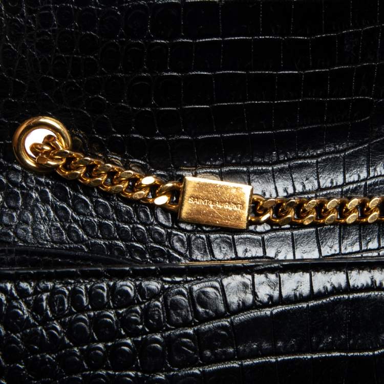 Pre Owned Saint Laurent Black Croc Embossed Leather Medium Kate Tassel Shoulder Bag