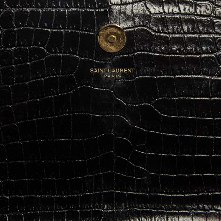 Pre Owned Saint Laurent Black Croc Embossed Leather Medium Kate Tassel Shoulder Bag