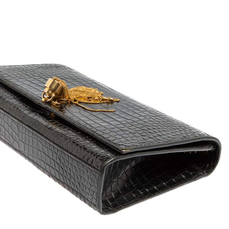Pre Owned Saint Laurent Black Croc Embossed Leather Medium Kate Tassel Shoulder Bag