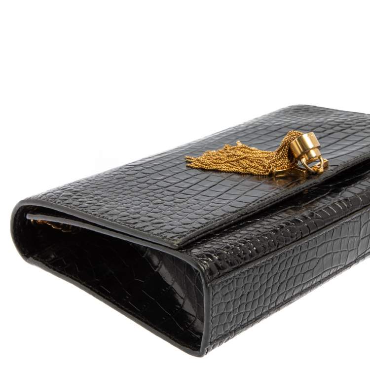 Pre Owned Saint Laurent Black Croc Embossed Leather Medium Kate Tassel Shoulder Bag