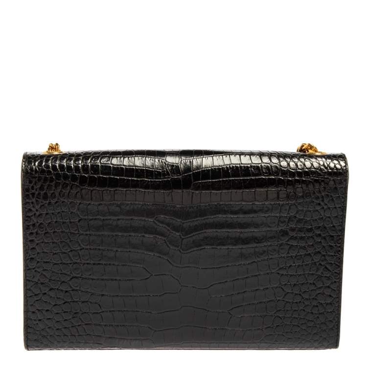 Pre Owned Saint Laurent Black Croc Embossed Leather Medium Kate Tassel Shoulder Bag