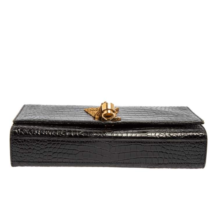 Pre Owned Saint Laurent Black Croc Embossed Leather Medium Kate Tassel Shoulder Bag