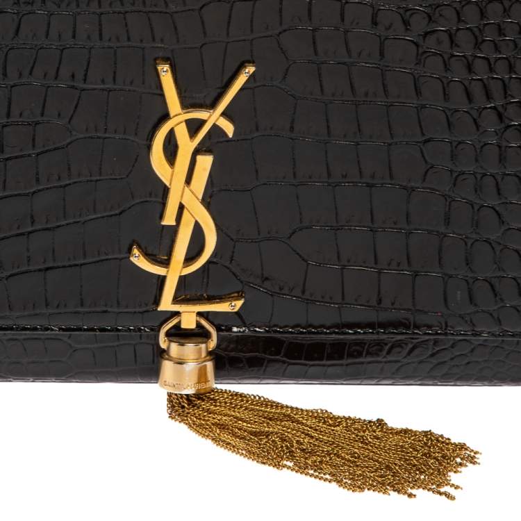 Pre Owned Saint Laurent Black Croc Embossed Leather Medium Kate Tassel Shoulder Bag