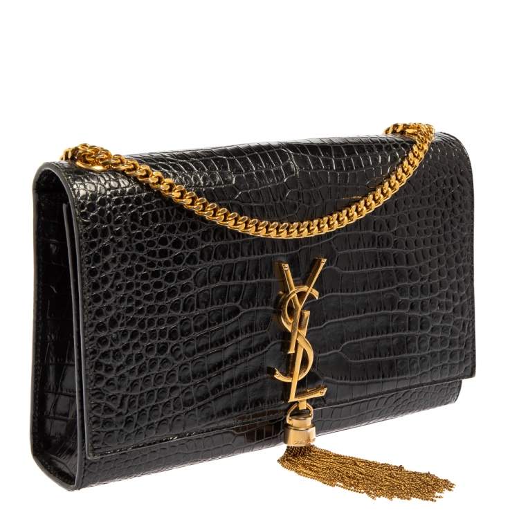Pre Owned Saint Laurent Black Croc Embossed Leather Medium Kate Tassel Shoulder Bag