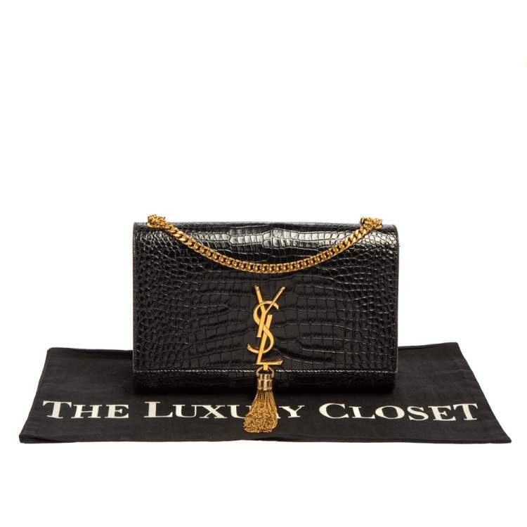 Pre Owned Saint Laurent Black Croc Embossed Leather Medium Kate Tassel Shoulder Bag