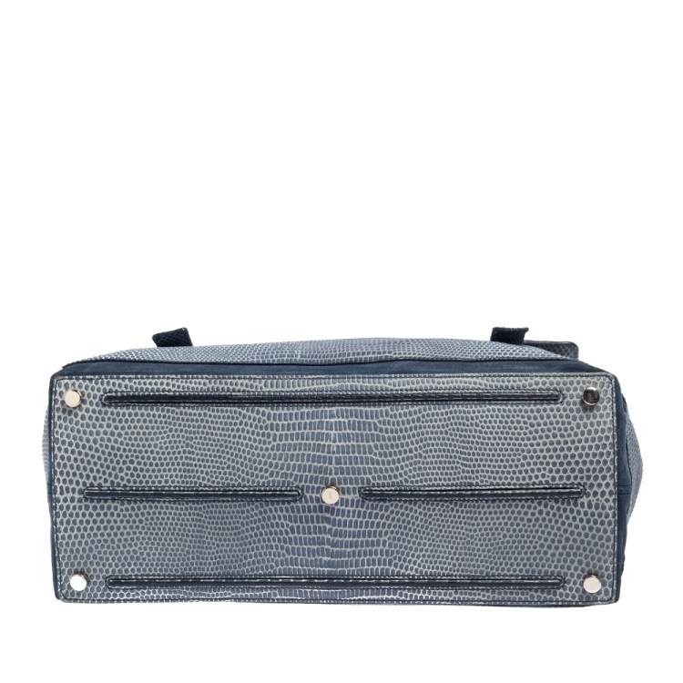 Pre Owned Saint Laurent Blue Lizard Embossed Leather and Suede Large Muse Two Satchel