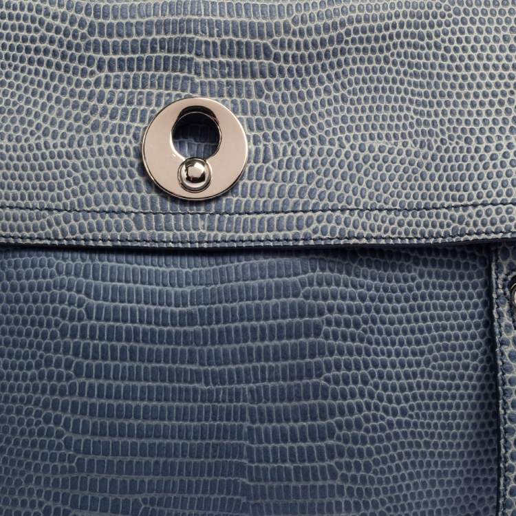 Pre Owned Saint Laurent Blue Lizard Embossed Leather and Suede Large Muse Two Satchel