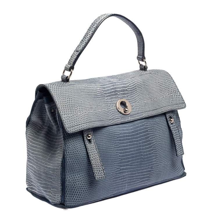 Pre Owned Saint Laurent Blue Lizard Embossed Leather and Suede Large Muse Two Satchel