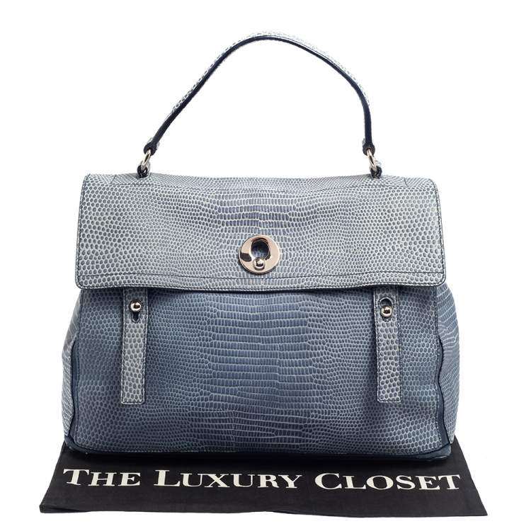 Pre Owned Saint Laurent Blue Lizard Embossed Leather and Suede Large Muse Two Satchel