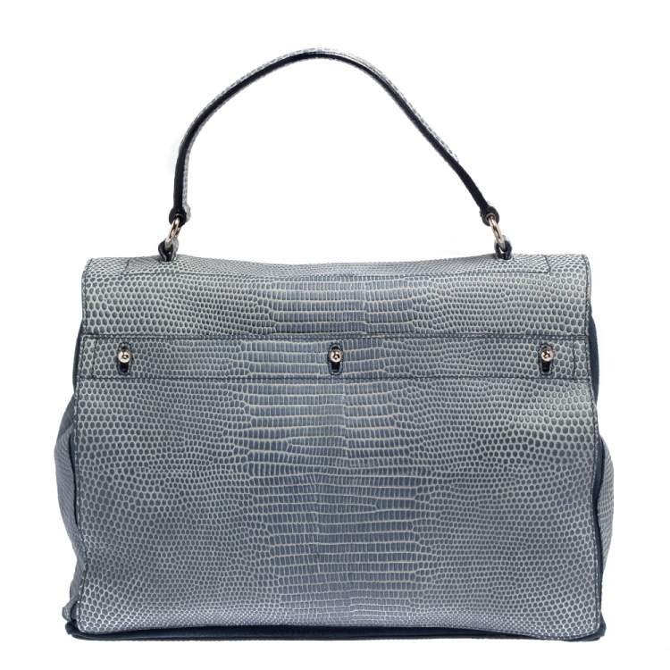 Pre Owned Saint Laurent Blue Lizard Embossed Leather and Suede Large Muse Two Satchel