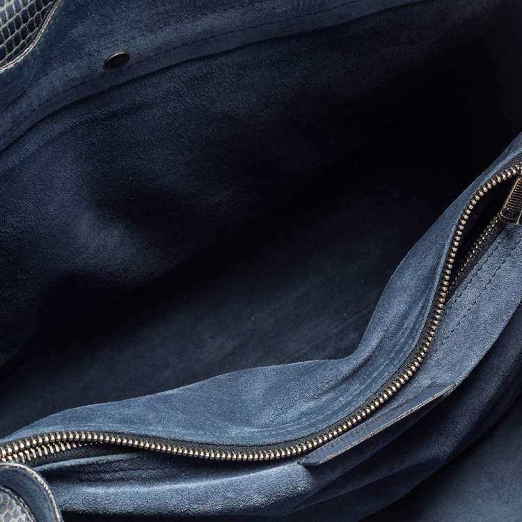Pre Owned Saint Laurent Blue Lizard Embossed Leather and Suede Large Muse Two Satchel