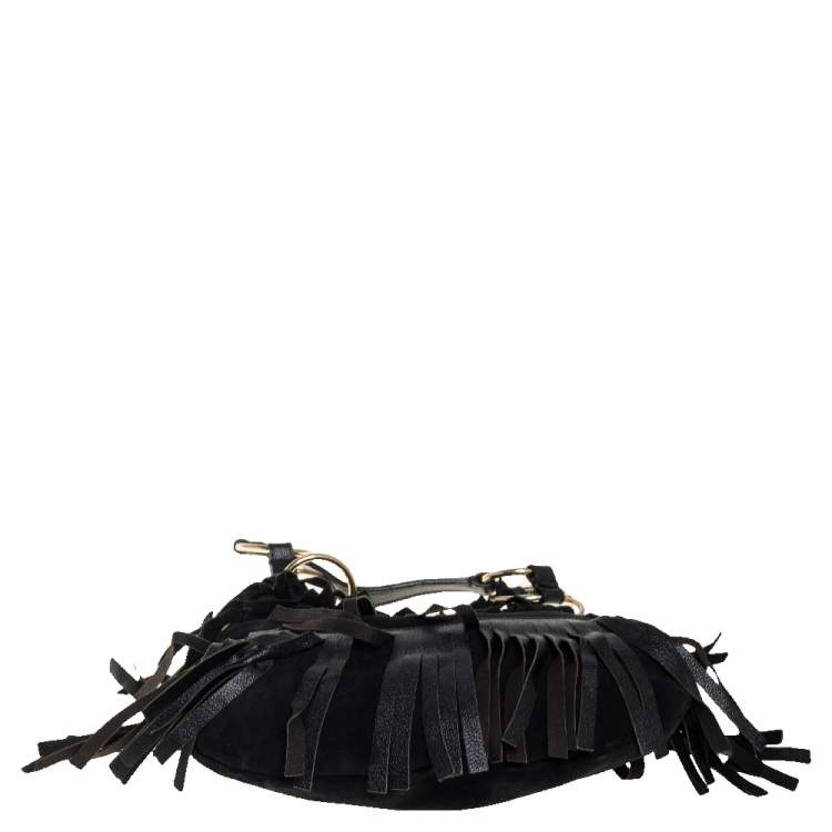 Pre Owned Saint Laurent Black Fringed Suede  and Leather La Boheme Hobo