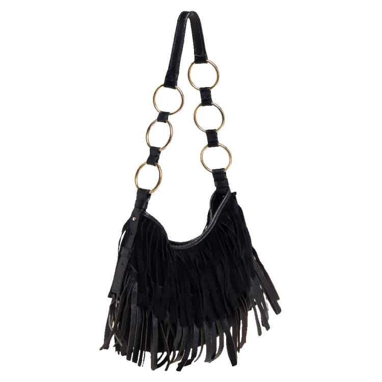 Pre Owned Saint Laurent Black Fringed Suede  and Leather La Boheme Hobo