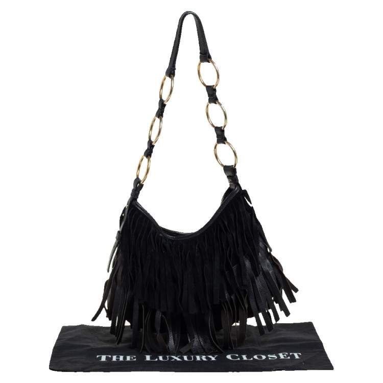 Pre Owned Saint Laurent Black Fringed Suede  and Leather La Boheme Hobo