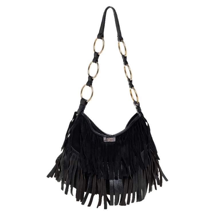 Pre Owned Saint Laurent Black Fringed Suede  and Leather La Boheme Hobo