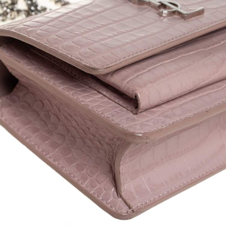 Pre Owned Saint Laurent Powder Pink Croc Embossed Leather Sunset Wallet On Chain